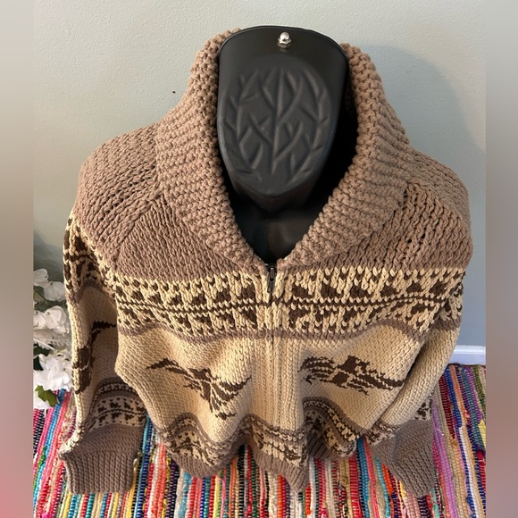 y2k Polo Ralph Lauren Cowichan Sweater Wool Cardigan American Flag Tan XXL - Picture 3 of 6